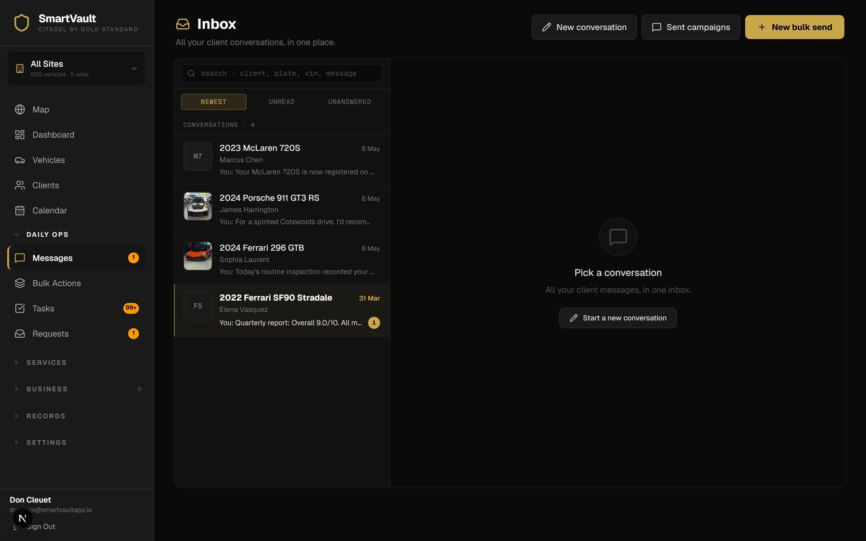 SmartVault Operator Inbox — threaded conversations per vehicle, with photo-attached messages and full client context