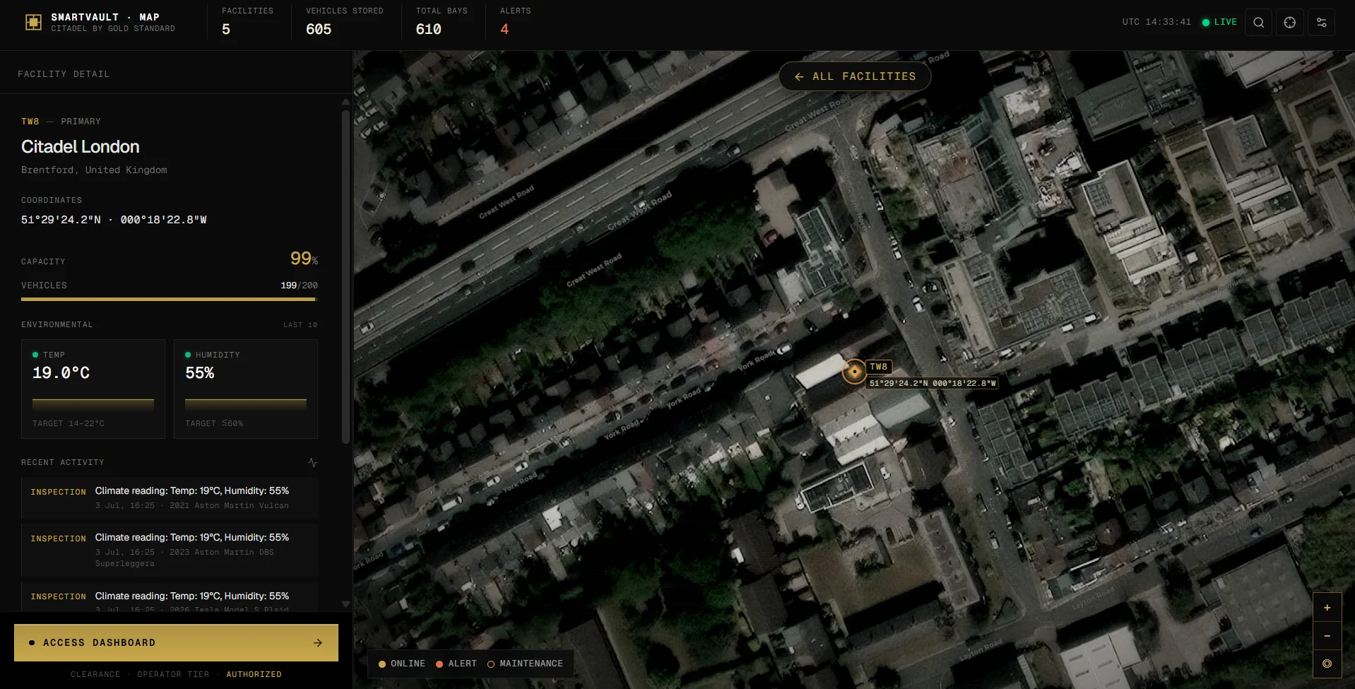 SmartVault operations map zoomed into one facility, showing its live capacity, climate readings and recent activity over a satellite view of the site
