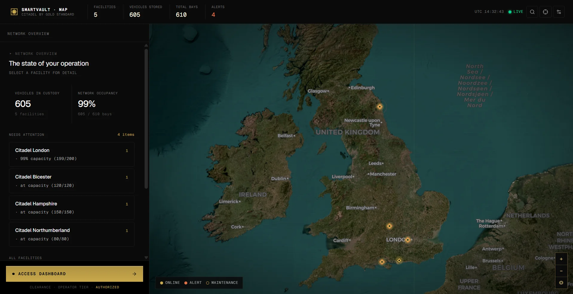 SmartVault operations map showing every facility across the UK on a single satellite view, beside a network overview panel of vehicles in custody, occupancy and the sites needing attention