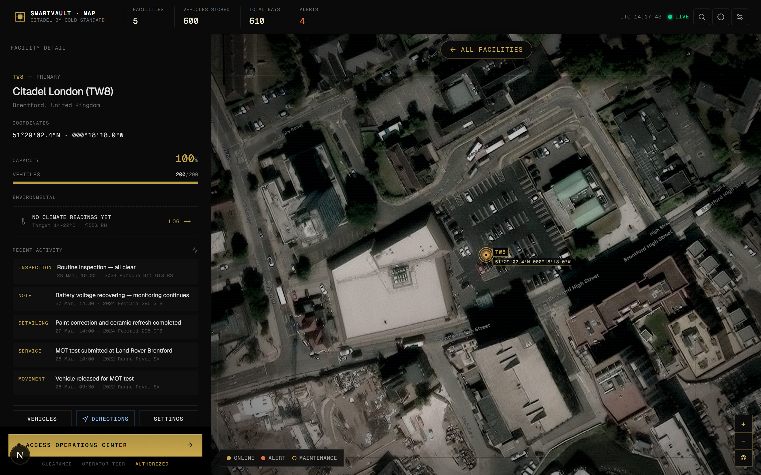 SmartVault operations map — every facility on a single satellite view, with live HUD stats and per-site detail panel
