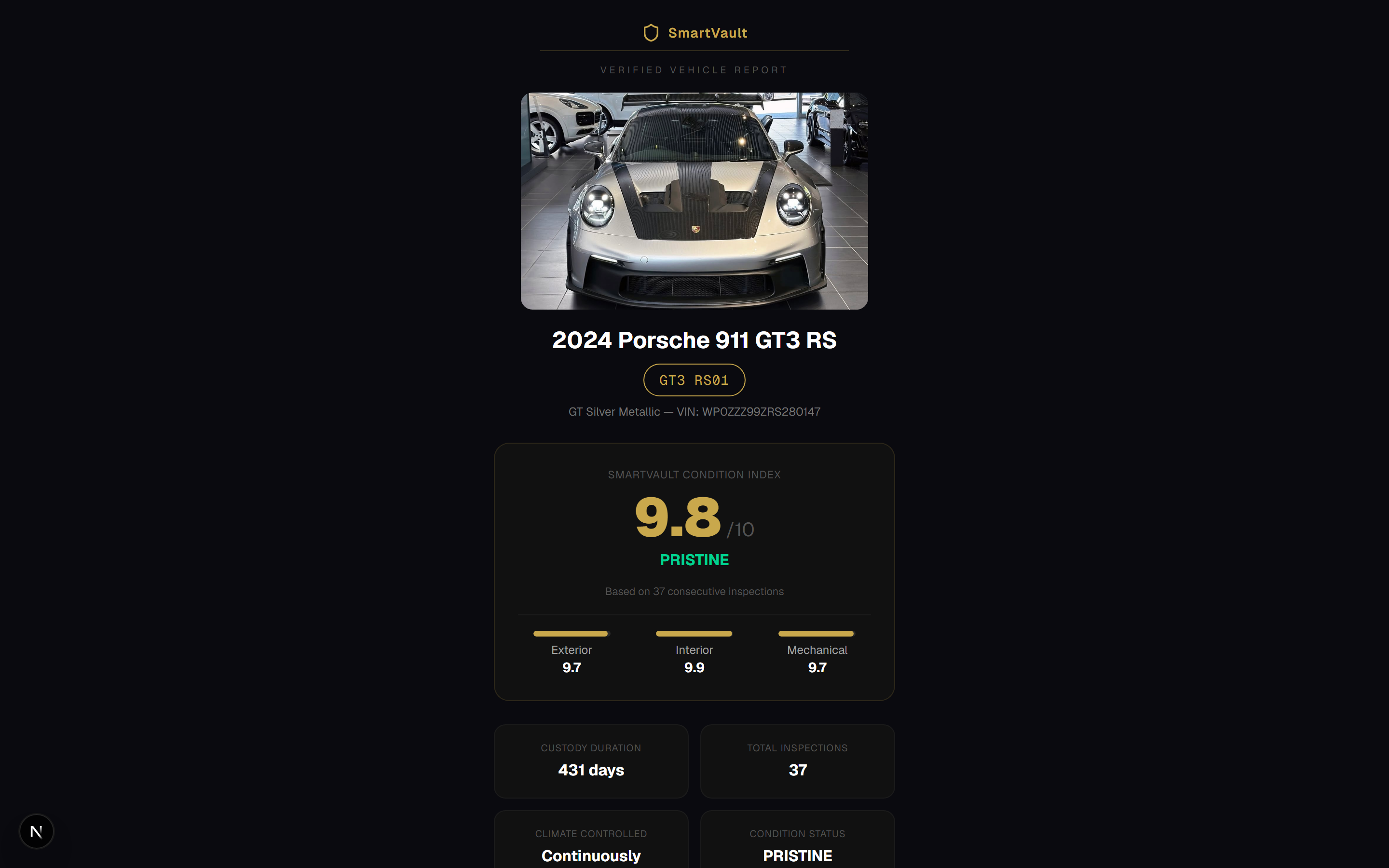 A SmartVault Custody Passport for a 2024 Porsche 911 GT3 RS — verified PRISTINE 9.8/10 condition, 431 days continuous custody, 37 inspections, hash-anchored signature.